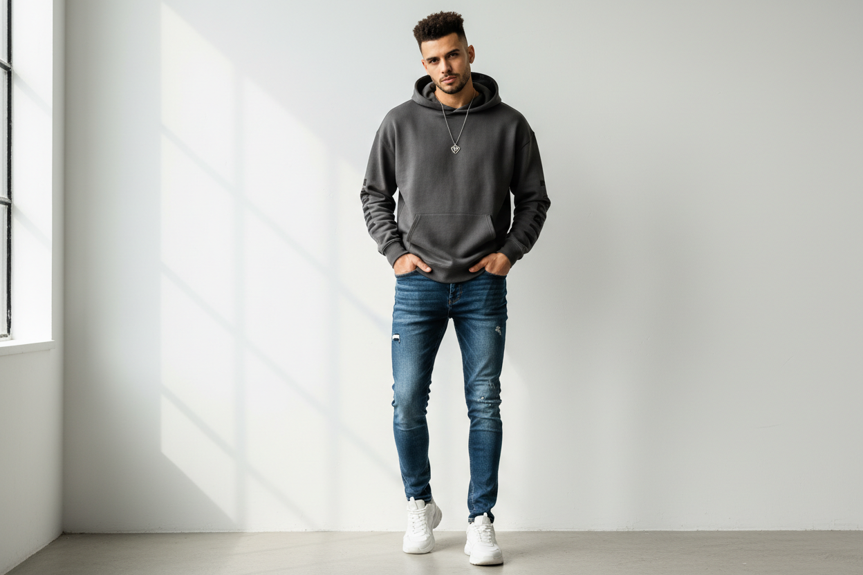 Hombre con jeans urbanos vista frontal