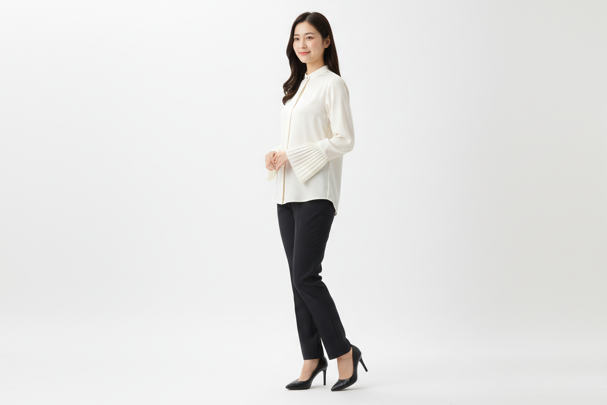 Mujer con camisa formal vista tres cuartos