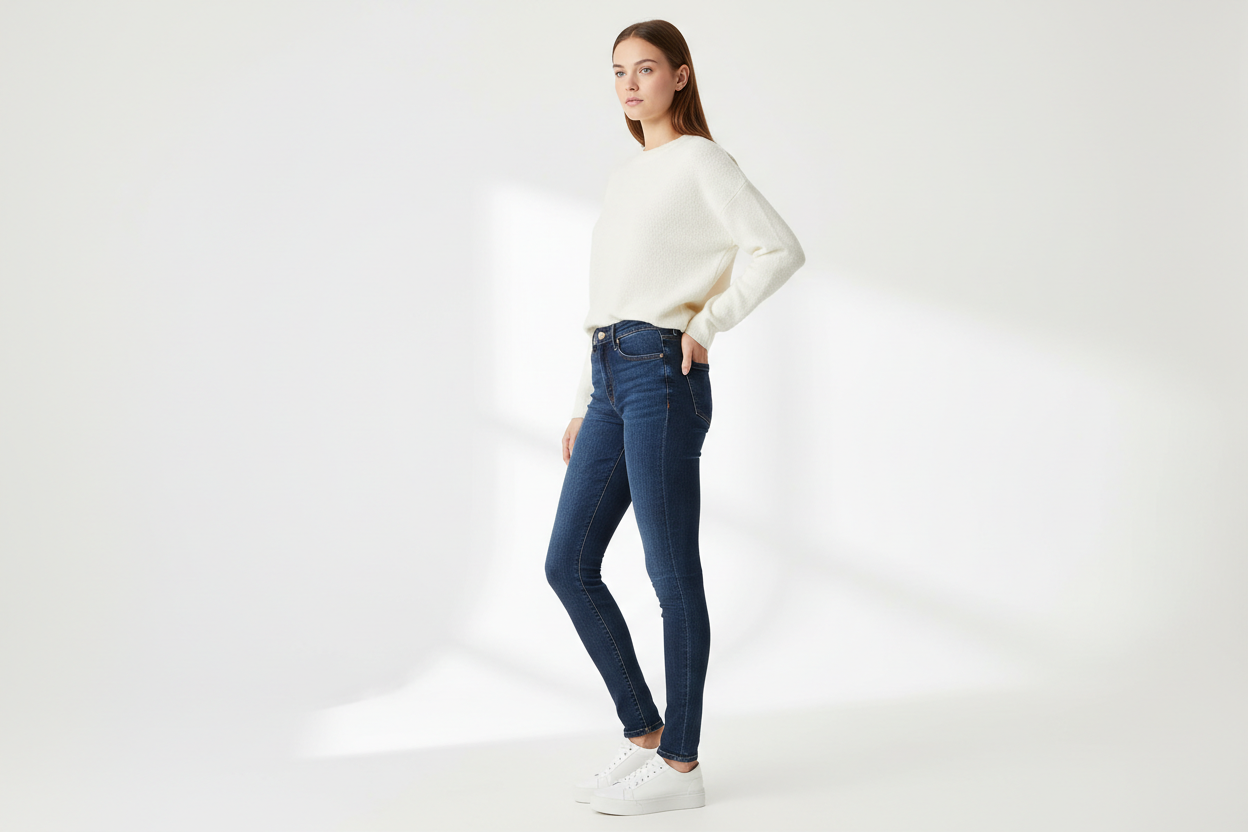 Mujer con jeans tiro alto vista lateral