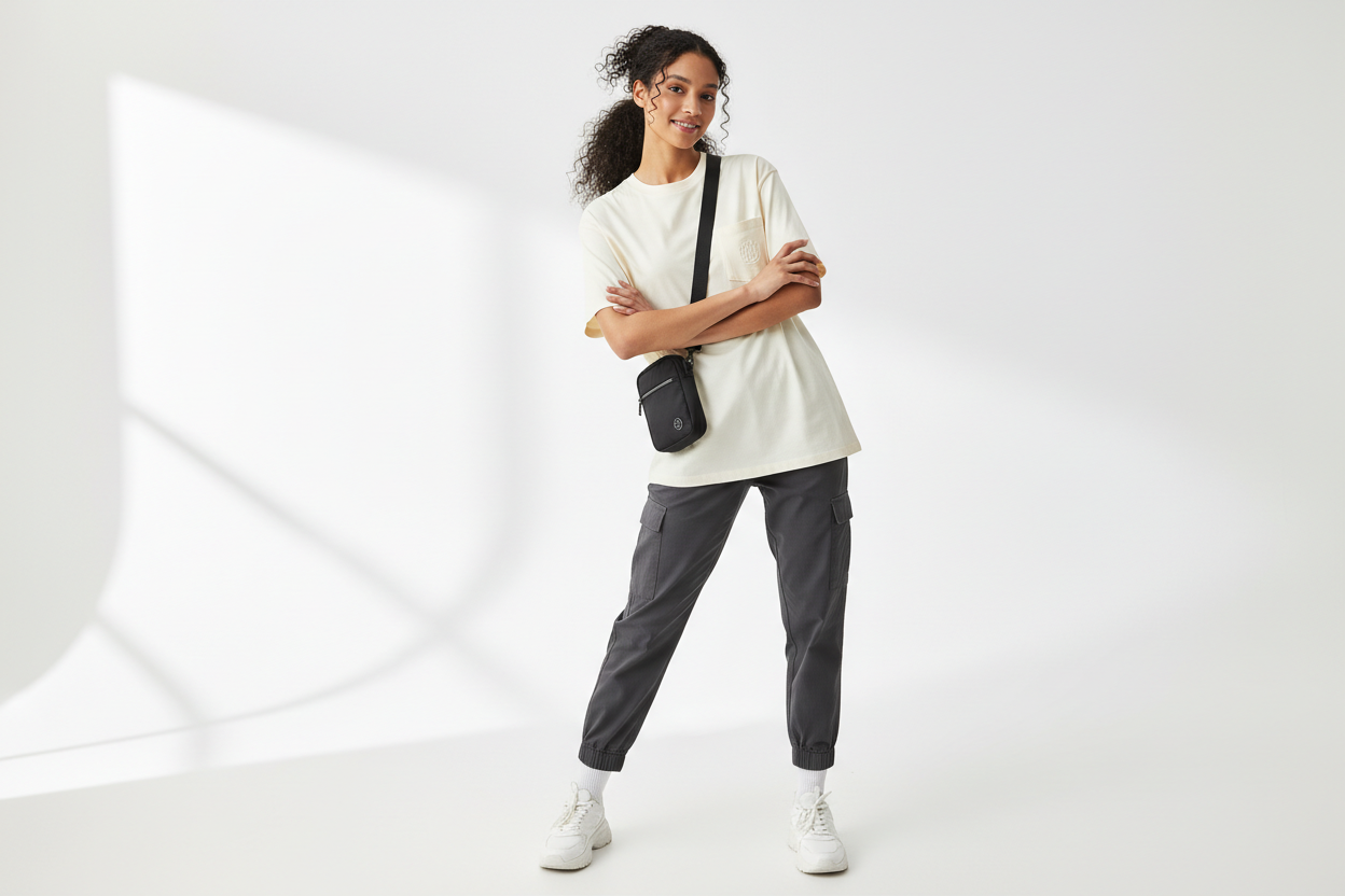 Mujer con polera vista frontal