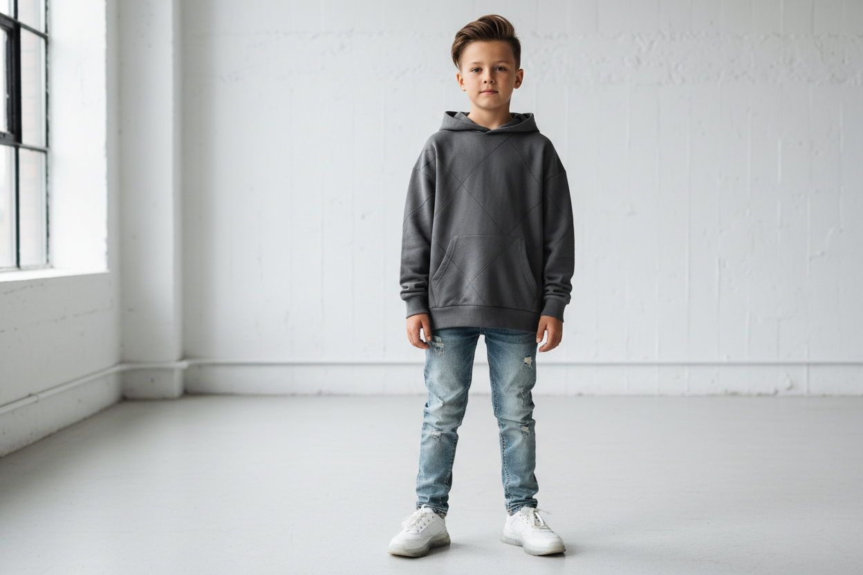 Niño con polerón vista frontal