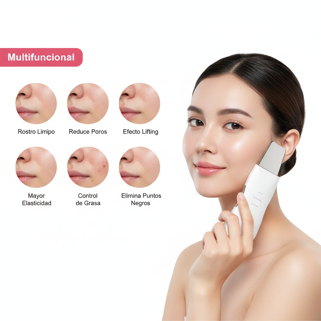 Paleta ultrasónica multifuncional — infografía en español con beneficios