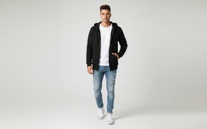 Modelo con polerón negro