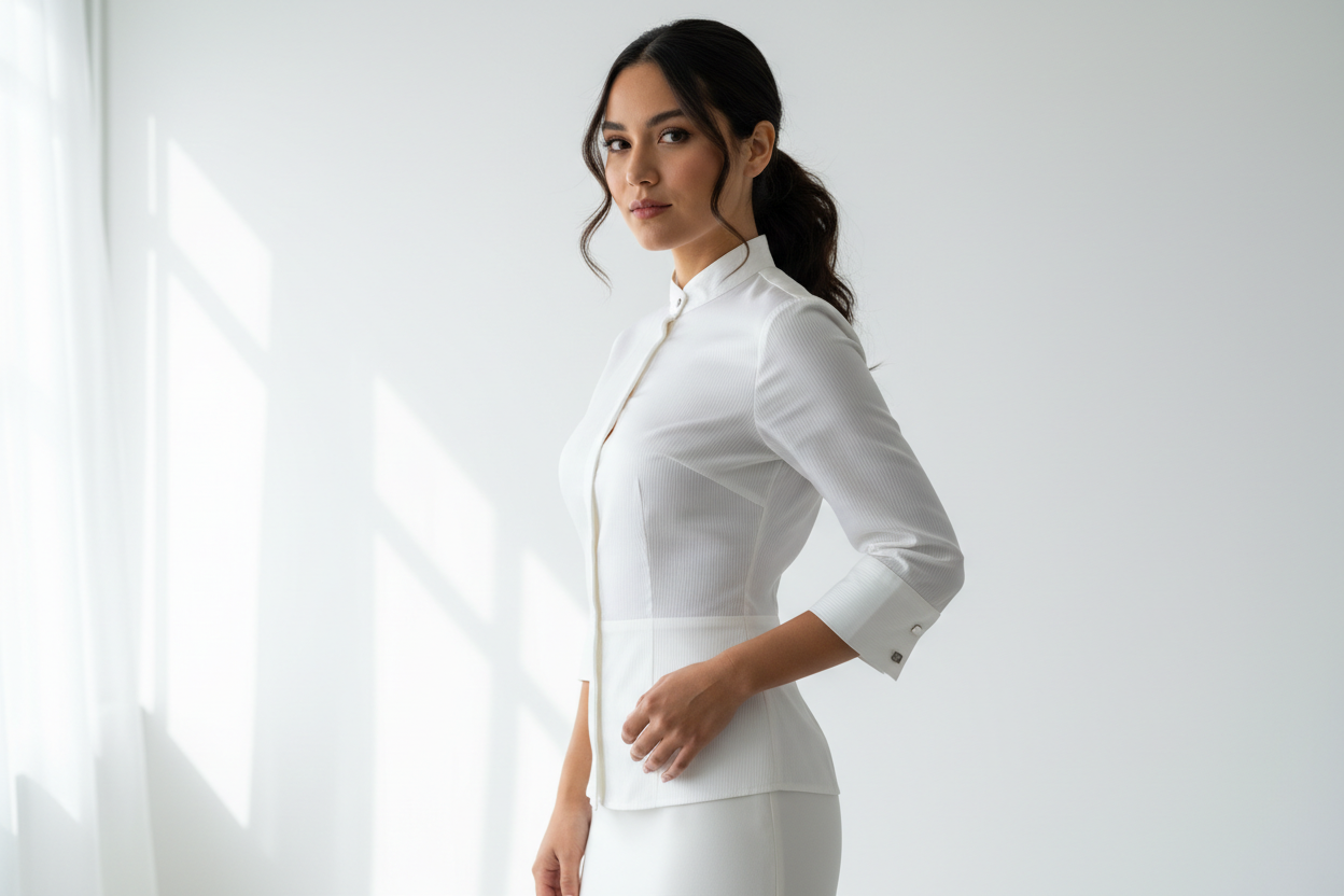 Mujer chilena con camisa formal vista lateral