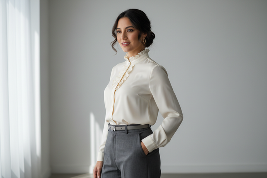 Mujer chilena con camisa formal vista tres cuartos