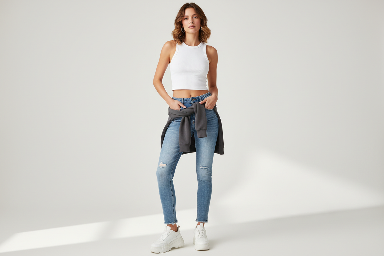 Mujer con jeans tiro alto vista frontal