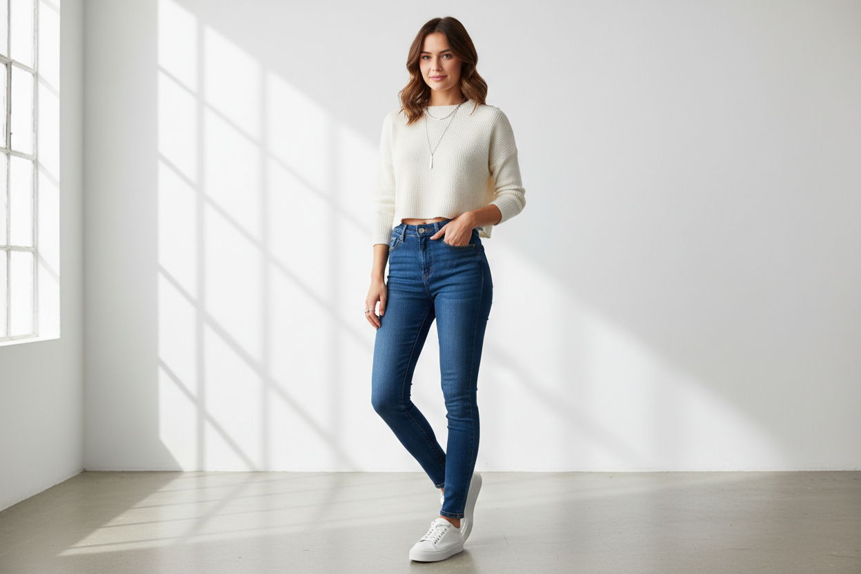 Mujer con jeans tiro alto vista tres cuartos